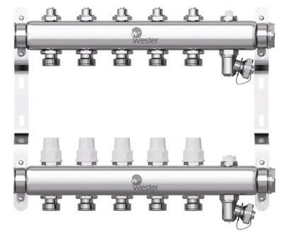 Коллектор для отопления Wester 1"-3/4 в сборе на 5 выходов с 2 заглушками