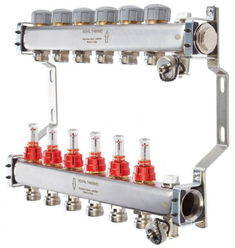Для отопления Royal Thermo 1" ВР-3/4" НР, 2 выхода с расходомерами, нерж. (RTE 52.102)